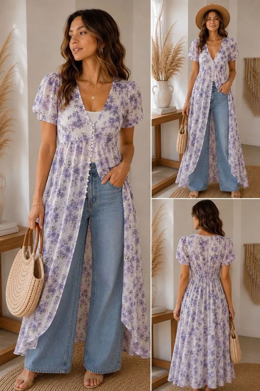 NWT Forever 21 Floral Sheer Duster Maxi Cardigan Cover Up Medium Boho Cottagecor